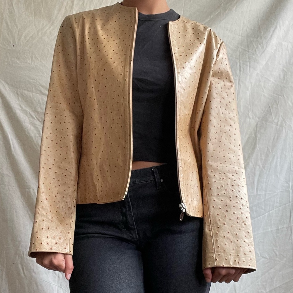 Tan ostrich jacket (feels like leather) with polka dots